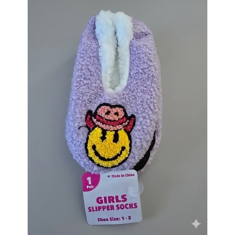 Girls Purple‎ Slipper Sock Style, Embroidered Smiley, Slip-On, Size 1-2